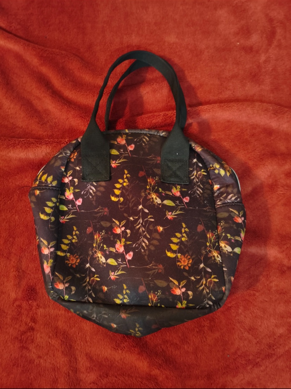 Black Floral Round Tote Bag with Short Handles